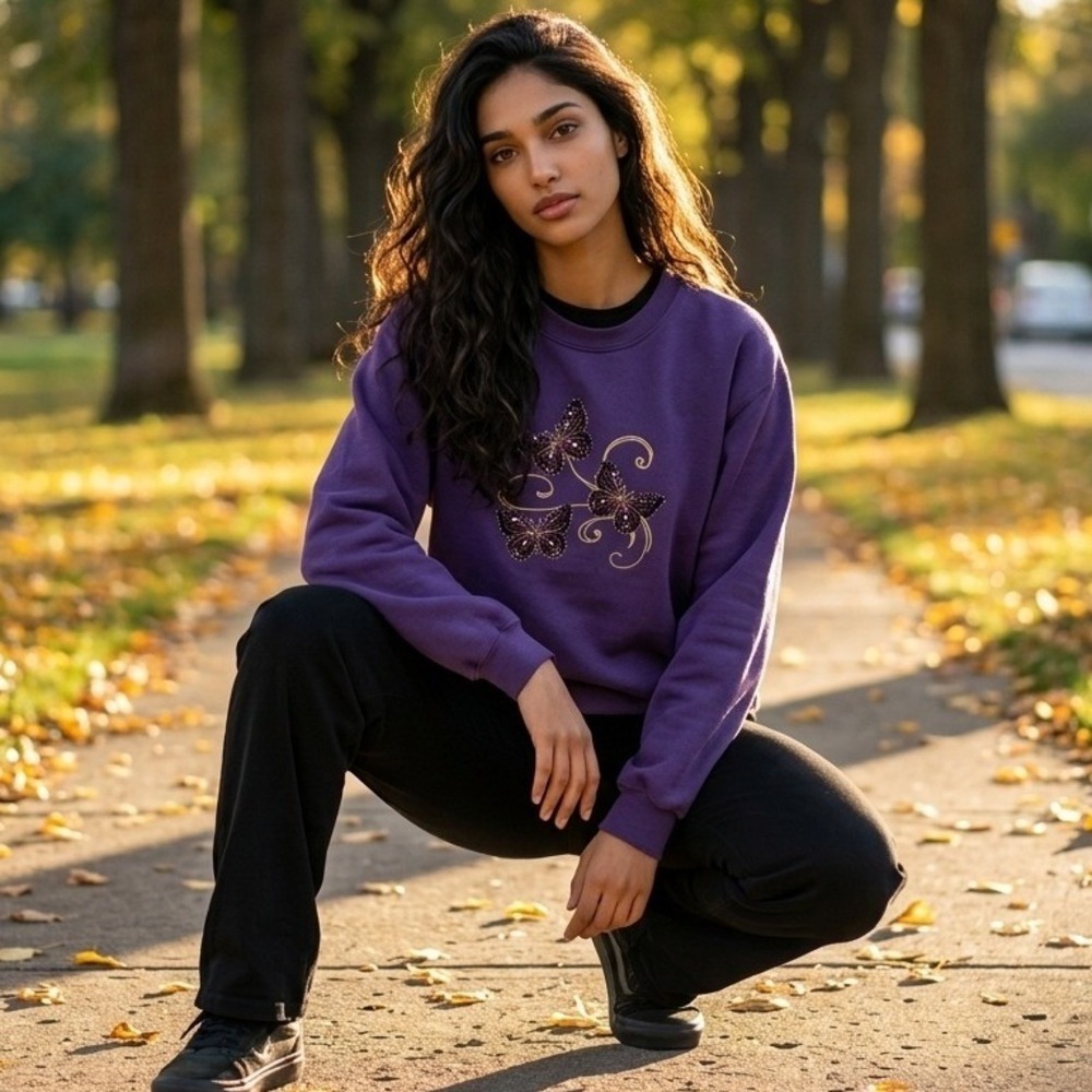 Top Stitch by Morning Sun Purple Butterfly Embroidered Sweatshirt Small Cottage